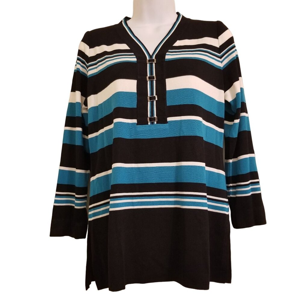 Exclusively Misook S Petite Slinky Liquid Knit Top Long Sleeve Striped Blue Blac